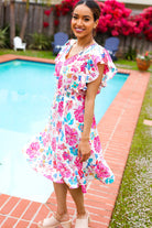 Hello Beautiful Ivory & Fuchsia Floral Sequin Smock Waist Midi Dress - Charming Charlie