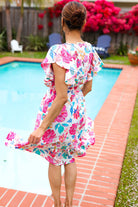 Hello Beautiful Ivory & Fuchsia Floral Sequin Smock Waist Midi Dress - Charming Charlie