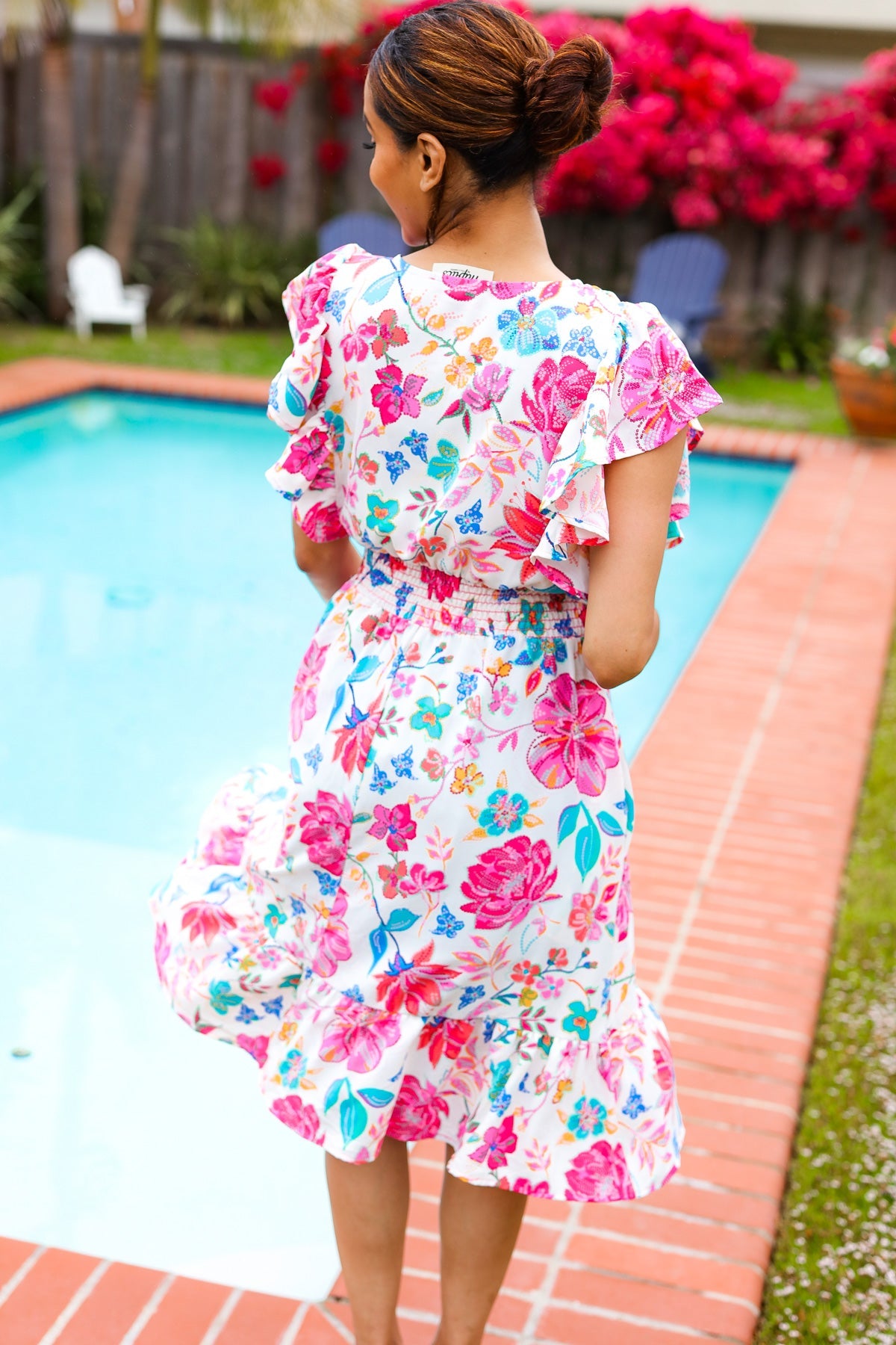 Hello Beautiful Ivory & Fuchsia Floral Sequin Smock Waist Midi Dress - Charming Charlie
