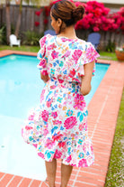 Hello Beautiful Ivory & Fuchsia Floral Sequin Smock Waist Midi Dress - Charming Charlie
