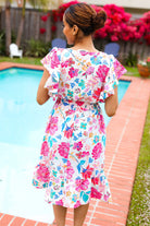 Hello Beautiful Ivory & Fuchsia Floral Sequin Smock Waist Midi Dress - Charming Charlie