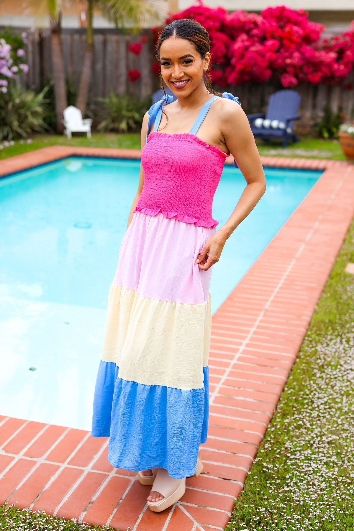 strapless open back dress Vacay Vibes Hot Pink & Blue Smocked Color Block Maxi Dress – Charming  Charlie