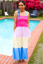 Vacay Vibes Hot Pink & Blue Smocked Color Block Maxi Dress - Charming Charlie