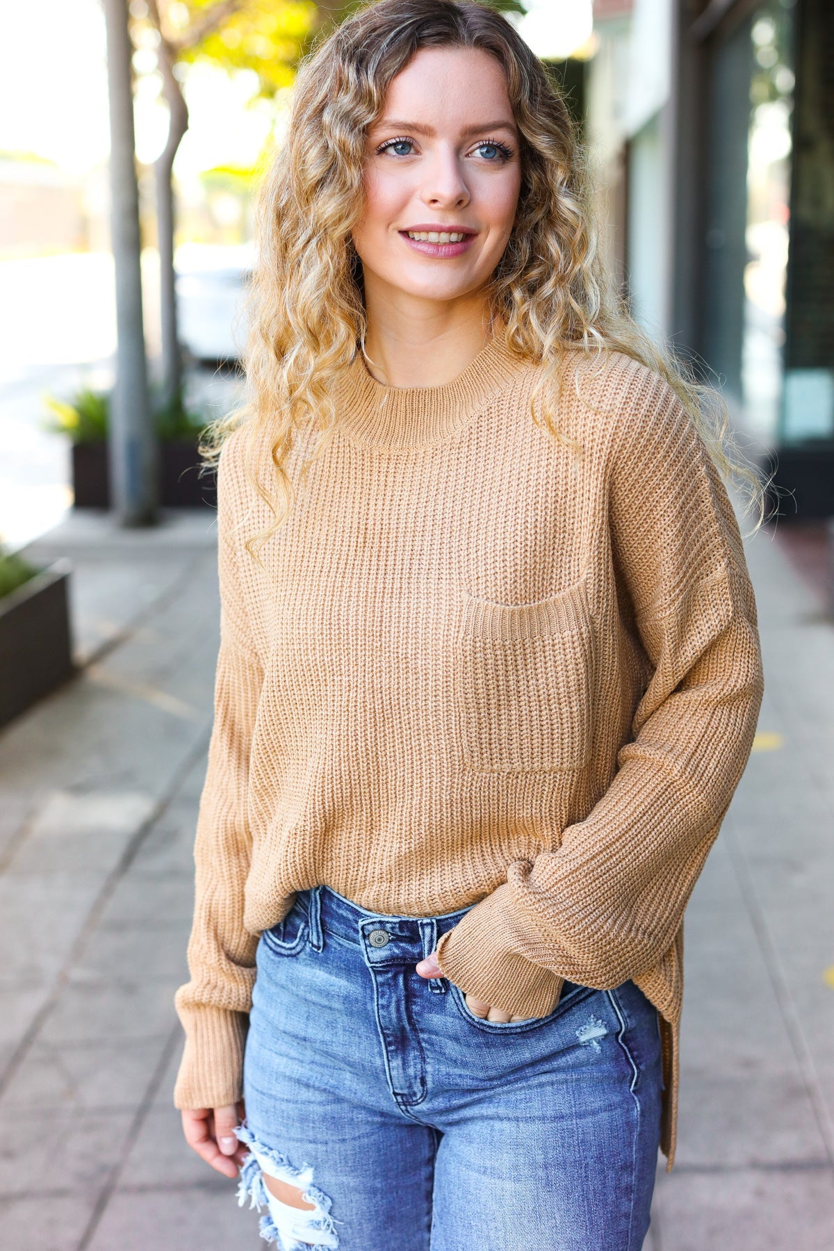 Classy Chic Taupe Mock Neck Chest Pocket Knit Sweater – Charming