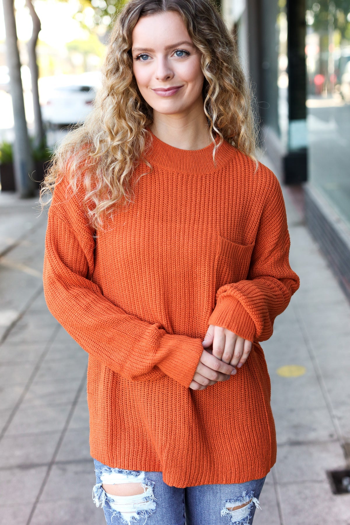Pumpkin Spice Mock Neck Chest Pocket Knit Sweater – Charming Charlie