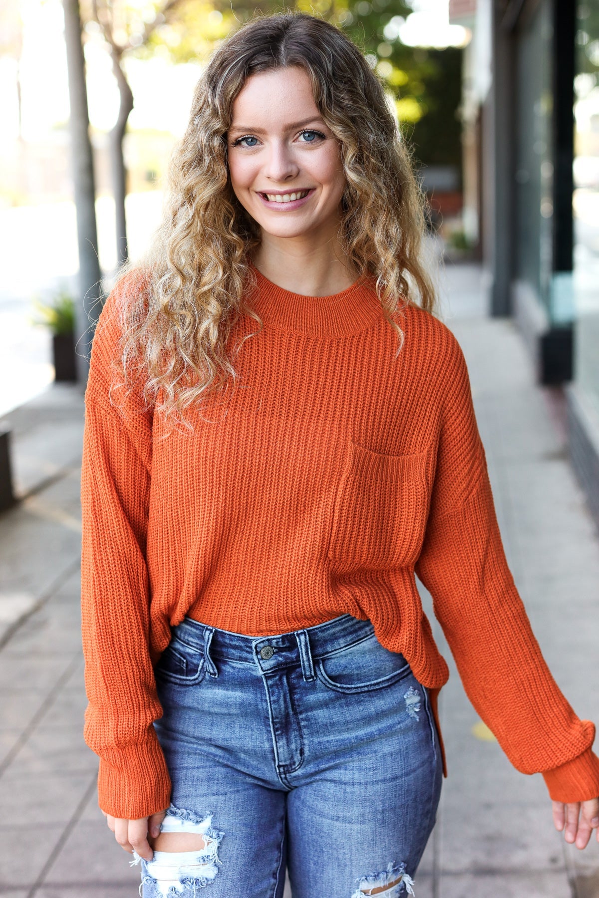 Pumpkin Spice Mock Neck Chest Pocket Knit Sweater – Charming Charlie