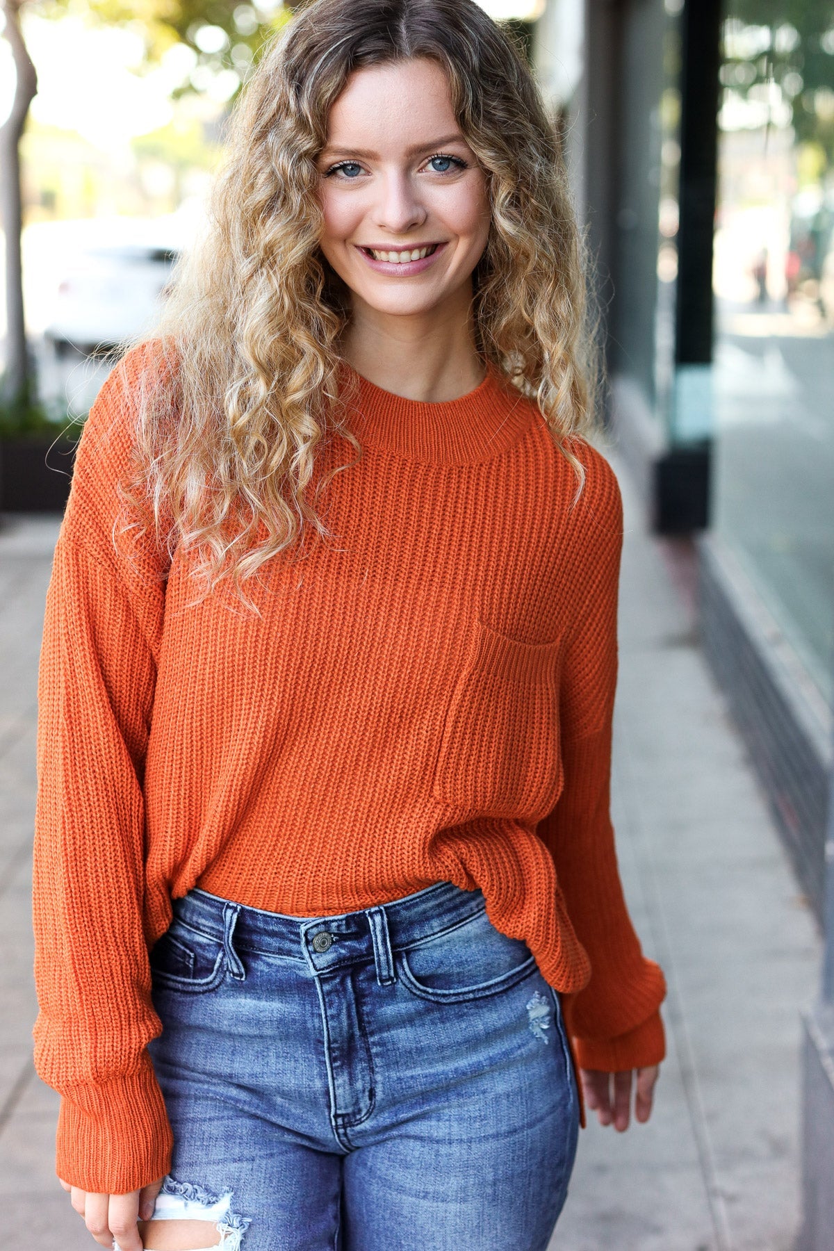 Pumpkin Spice Mock Neck Chest Pocket Knit Sweater – Charming Charlie