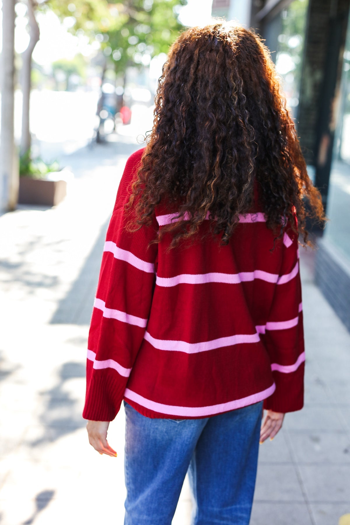 Fall For You Crimson Stripe Notched Neck Collared Oversized