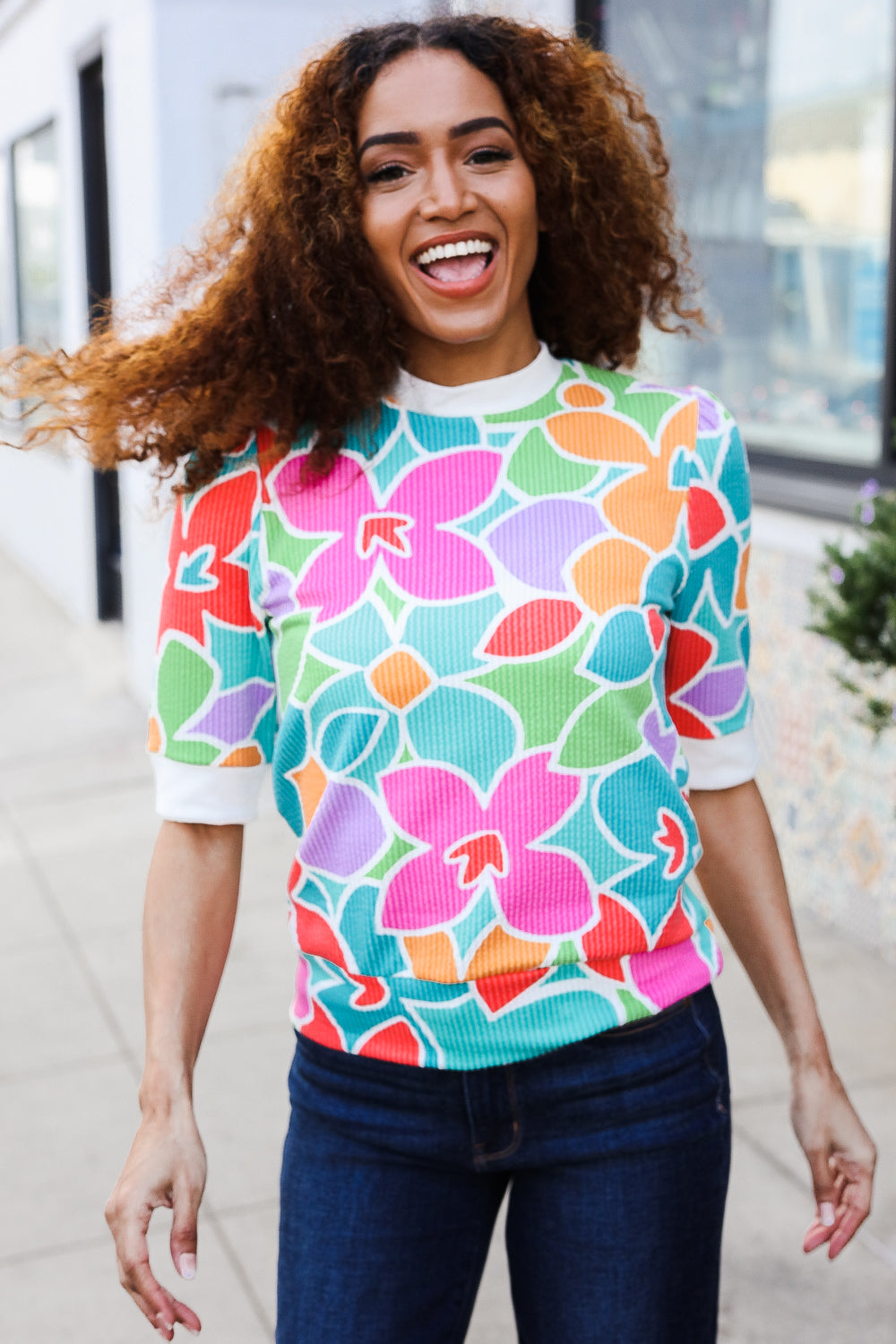 Spring Vibes Multicolor floral Rib Back Bow Tie Detail Top - Charming Charlie