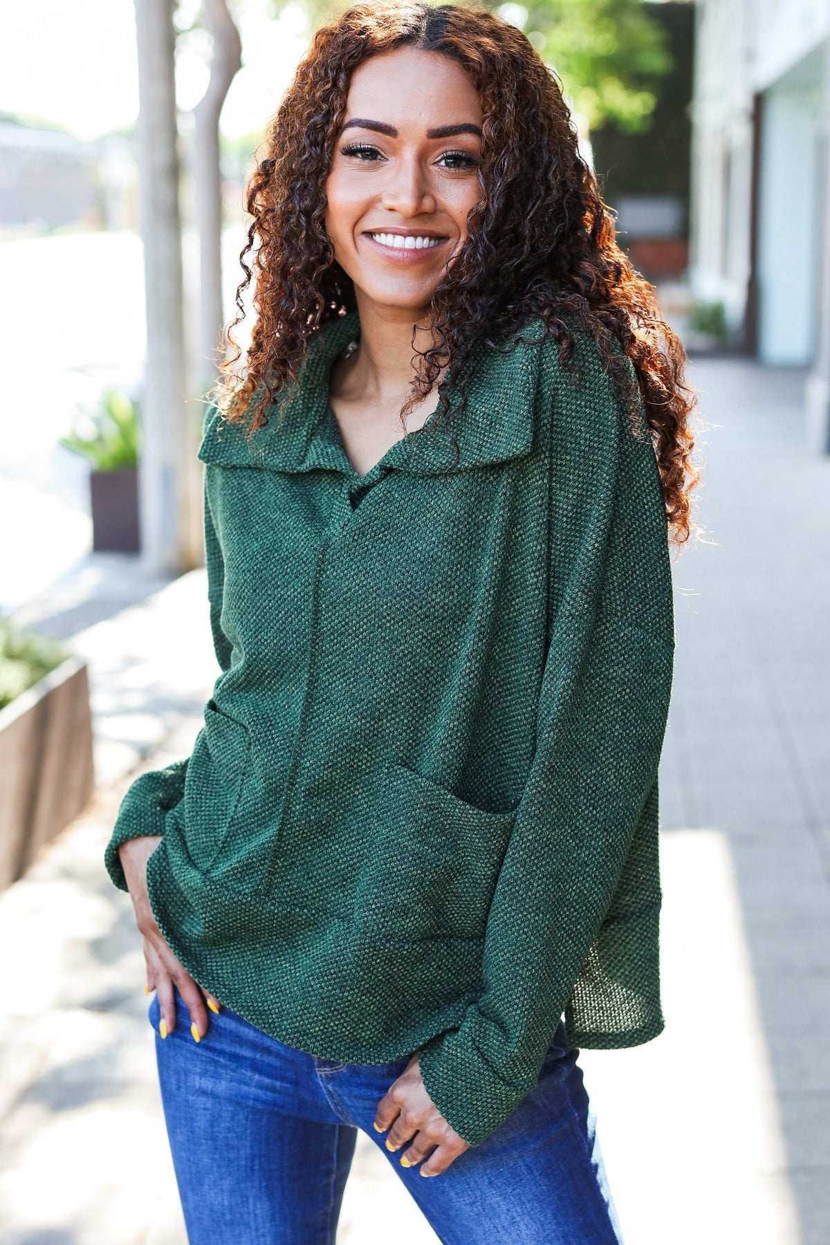 Easy Living Olive Textured Knit Notch Neck Oversized Collar