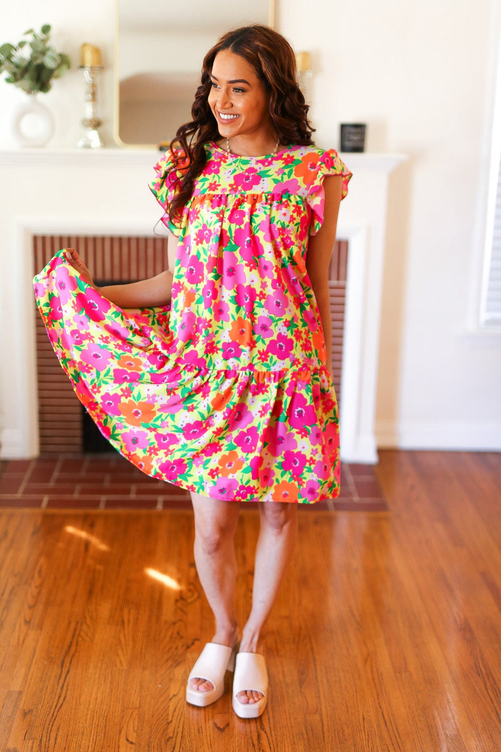 Be Charming Lime & Pink Floral Print Tiered Ruffle Sleeve Dress ...
