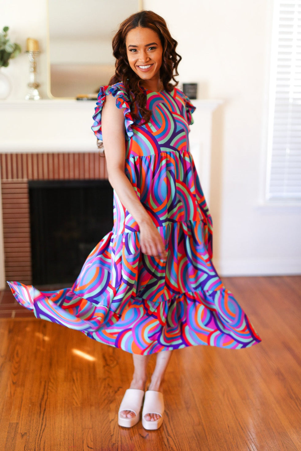 Pre-Order Multicolor Vibrant Tropical Print Smocked Ruffle Tiered Maxi Dress main image 1