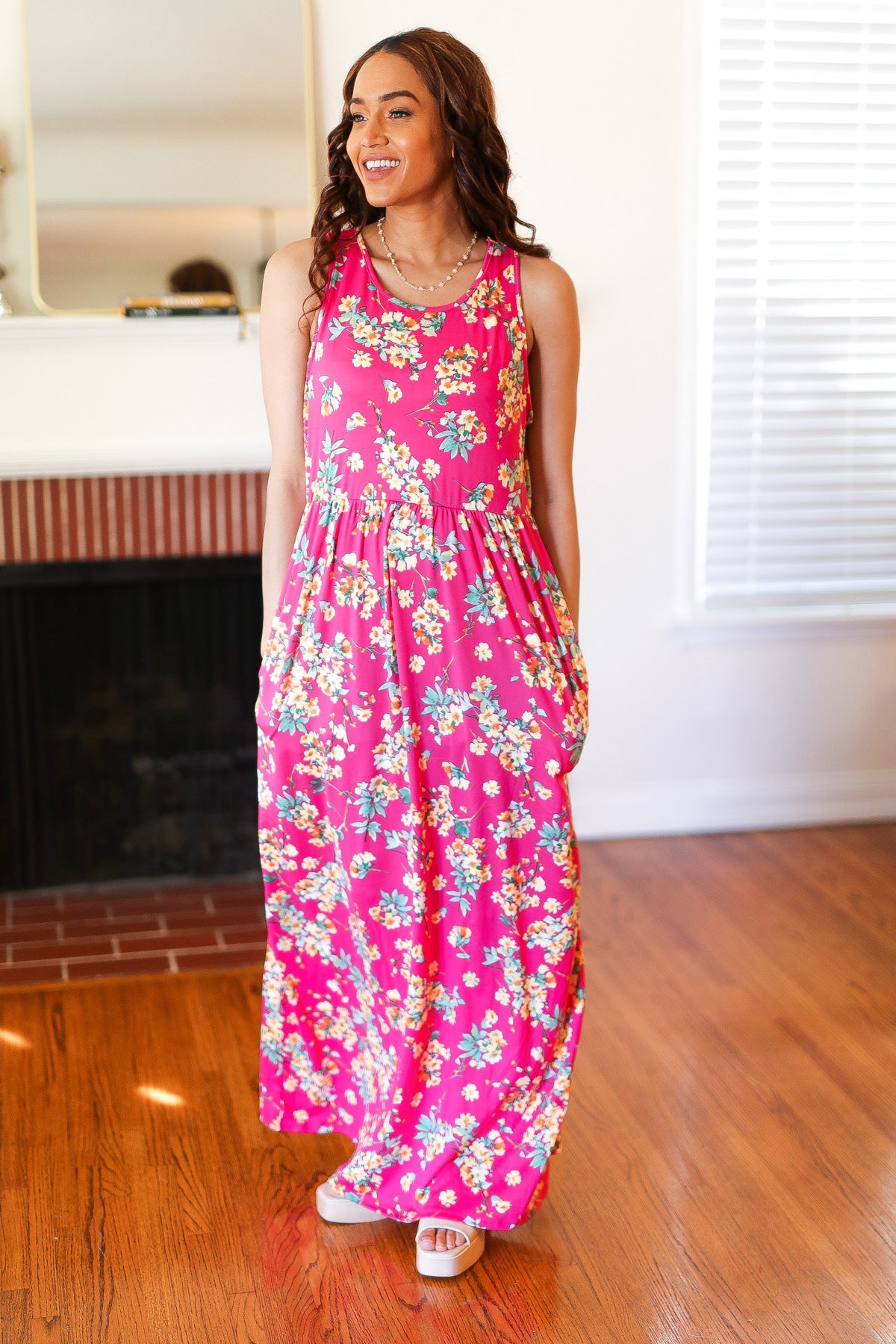 Pink Floral Print Fit and Flare Sleeveless Maxi Dress - Charming Charlie