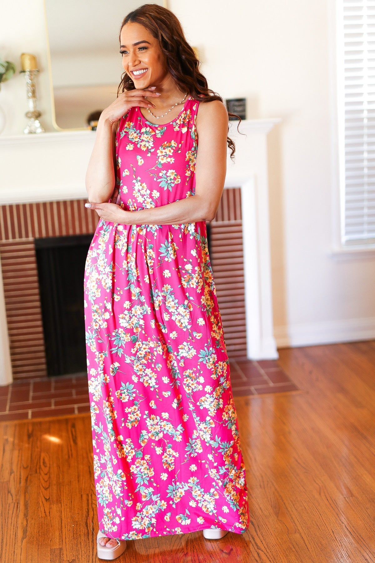 Pink Floral Print Fit and Flare Sleeveless Maxi Dress - Charming Charlie