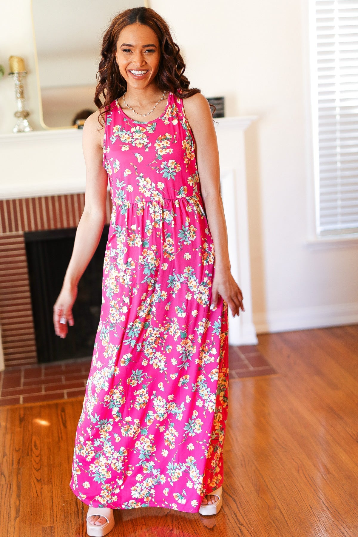 Pink Floral Print Fit and Flare Sleeveless Maxi Dress - Charming Charlie