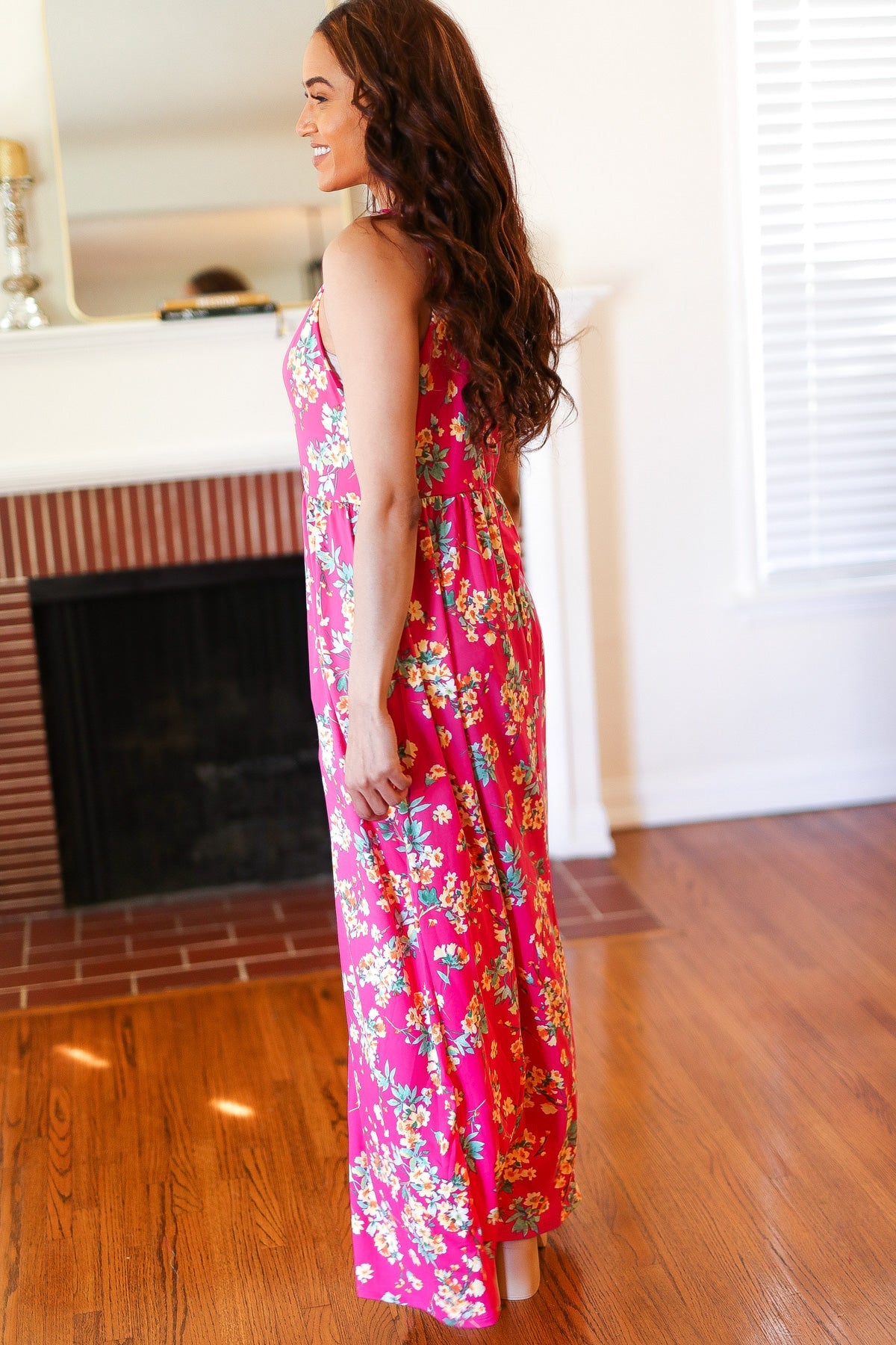 fit and flare sleeveless maxi dress Pink Floral Print Fit and Flare Sleeveless Maxi Dress