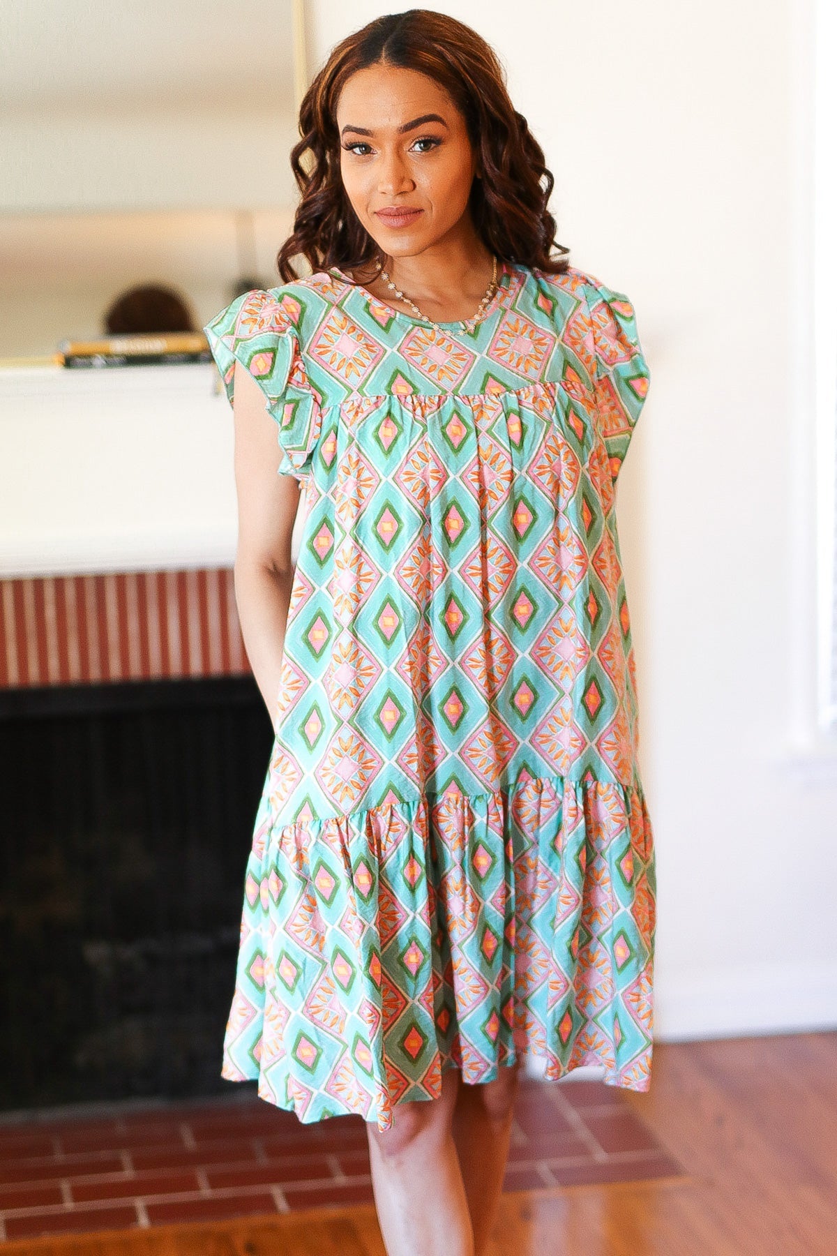 Mint Geo Boho Print Yoke Poplin Woven Dress - Charming Charlie