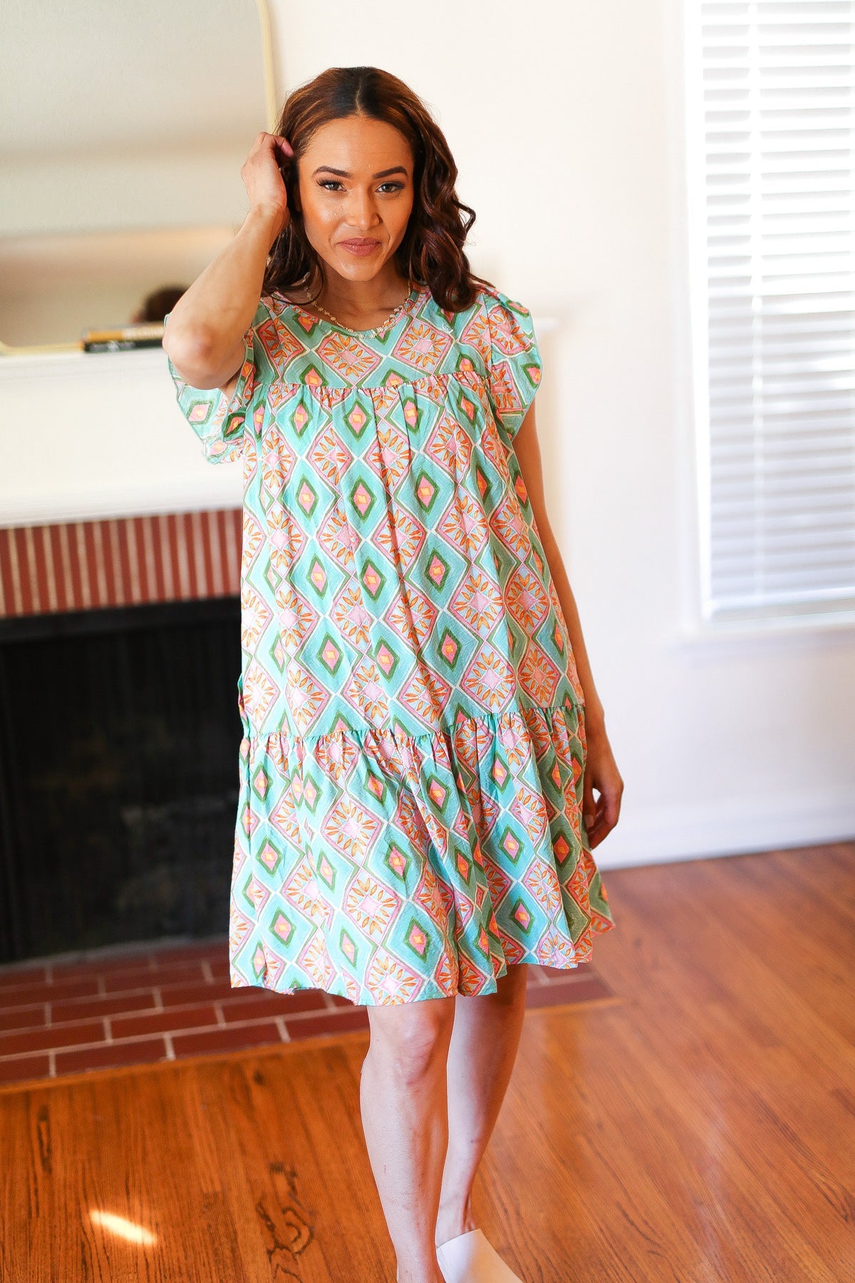 Mint Geo Boho Print Yoke Poplin Woven Dress - Charming Charlie