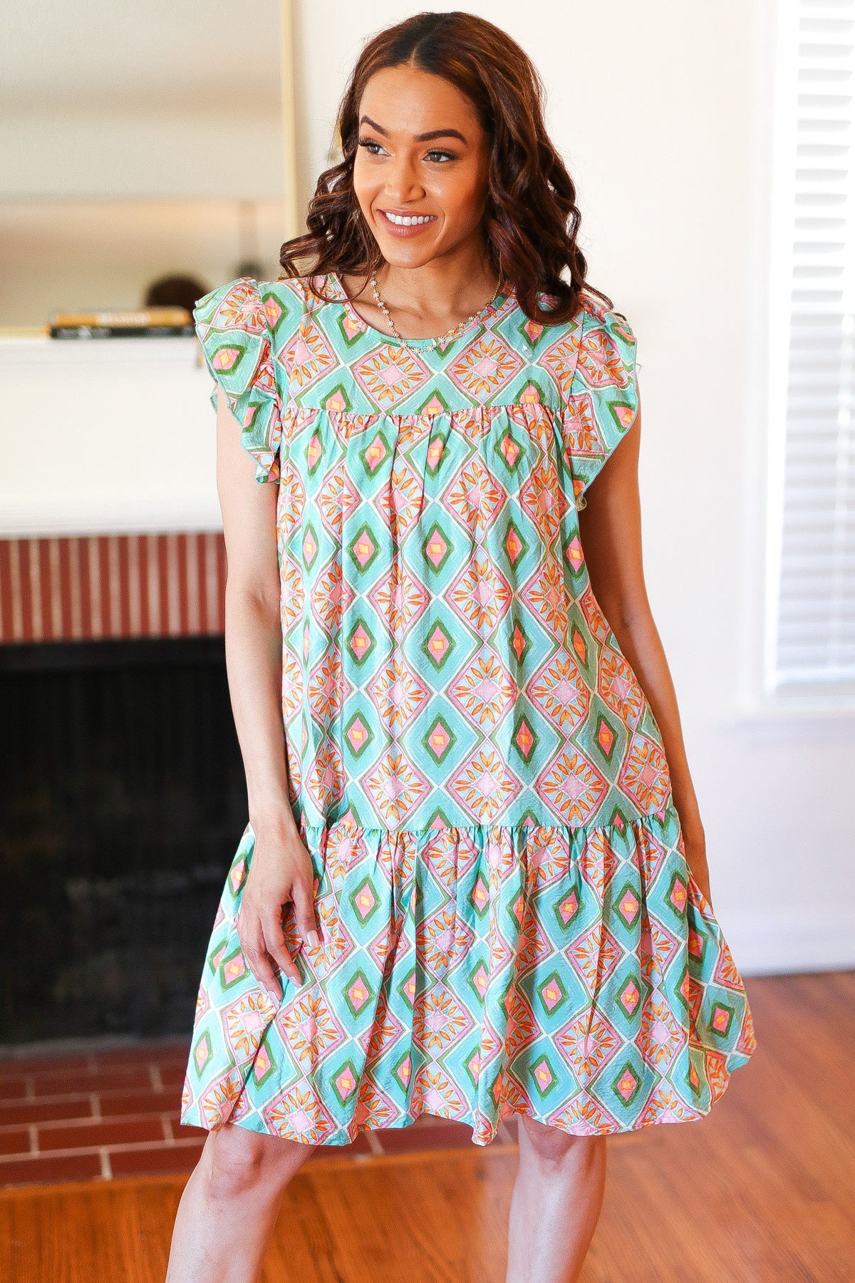 Mint Geo Boho Print Yoke Poplin Woven Dress - Charming Charlie