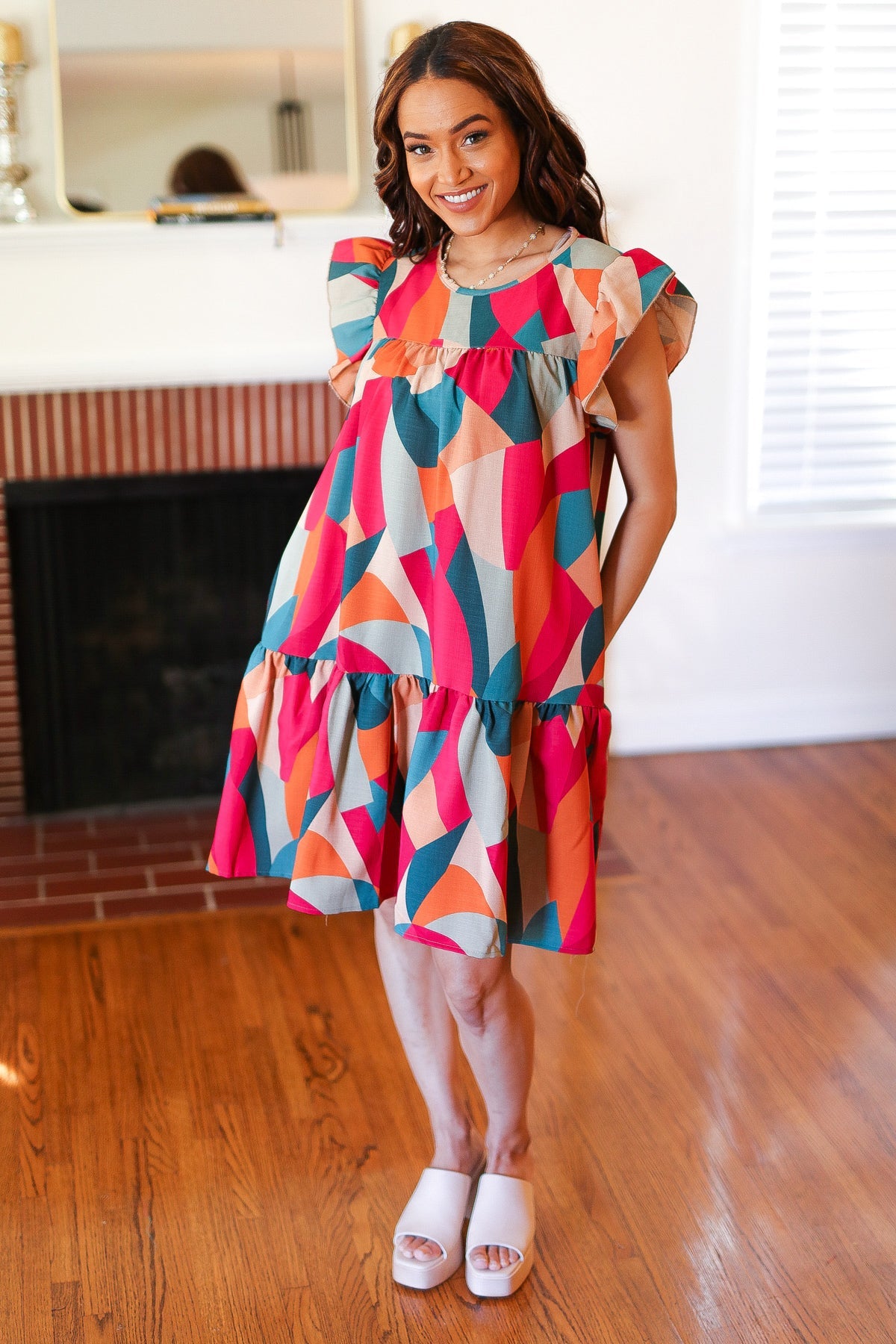 Stand Out Magenta & Teal Geometric Yoke Woven Dress - Charming Charlie
