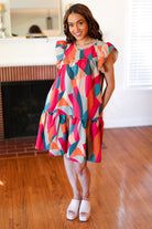 Stand Out Magenta & Teal Geometric Yoke Woven Dress - Charming Charlie