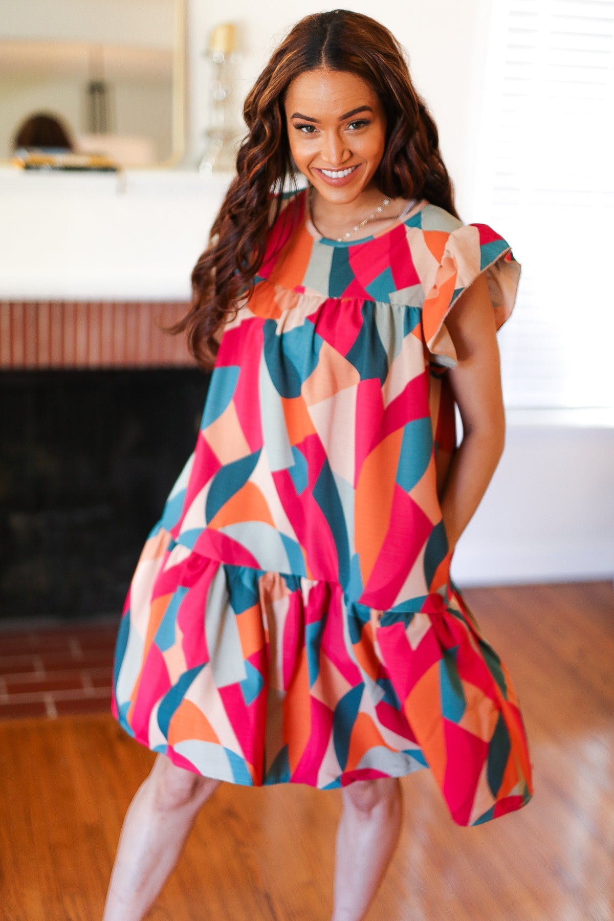 Stand Out Magenta & Teal Geometric Yoke Woven Dress - Charming Charlie