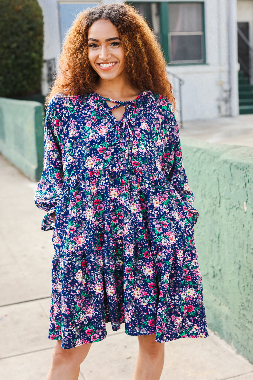 Feeling Joyful Navy Floral Bow Tie Babydoll Long Ruffle Sleeve Dress Charming Charlie Feeling Joyful Navy Floral Bow Tie Babydoll Long Ruffle Sleeve Dress Charming Charlie