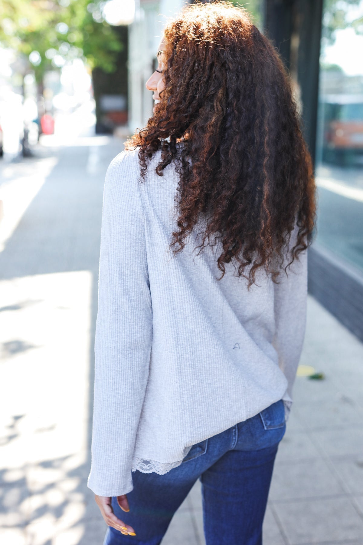 Feels Like Love Grey Lace Trim Rib Long Sleeve Top – Charming Charlie