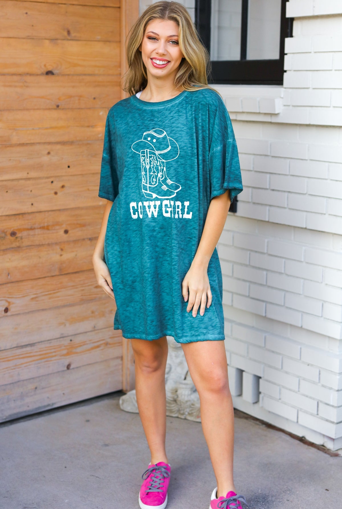 Emerald Cotton Blend COWGIRL Graphic Long Tee - Charming Charlie