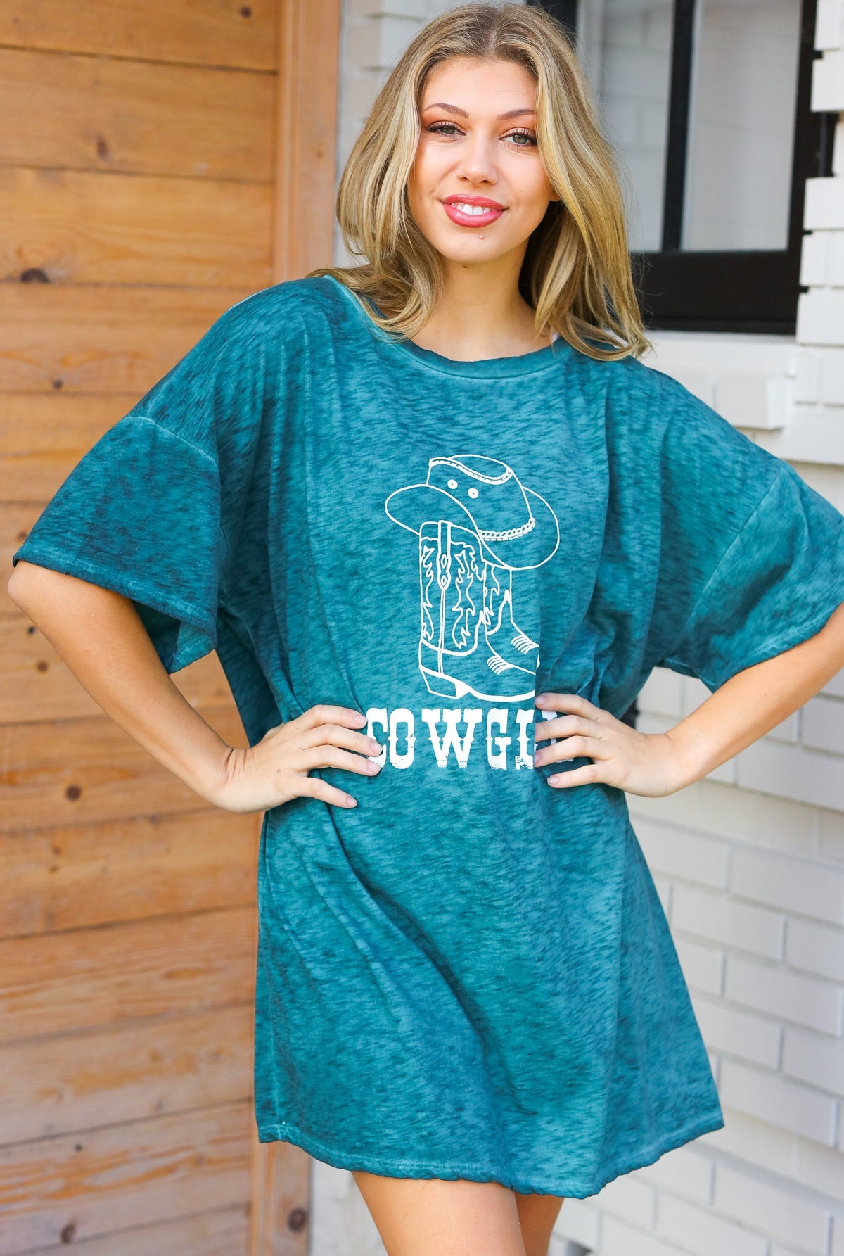 Emerald Cotton Blend COWGIRL Graphic Long Tee - Charming Charlie