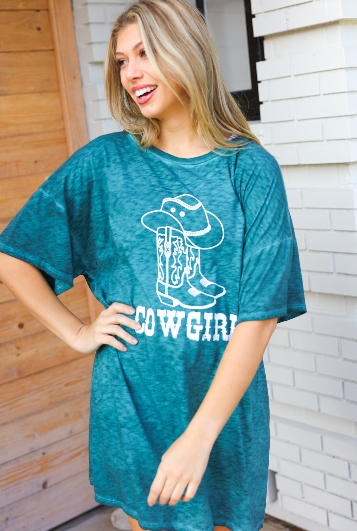 Emerald Cotton Blend COWGIRL Graphic Long Tee - Charming Charlie
