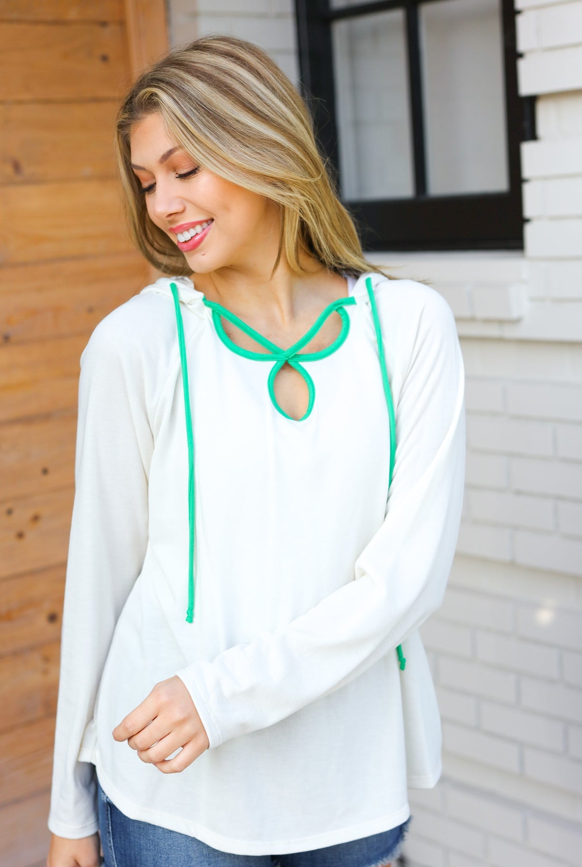 Feeling It Kelly Green Clover Cut Out Terry Hoodie - Charming Charlie