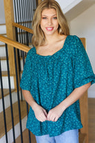 Perfectly You Teal Floral Three Quarter Sleeve Square Neck Top - Charming Charlie