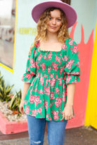 Sumptuous In Smocked Green & Coral Flower Print Babydoll Top - Charming Charlie