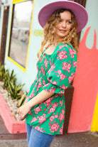 Sumptuous In Smocked Green & Coral Flower Print Babydoll Top - Charming Charlie