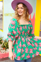 Sumptuous In Smocked Green & Coral Flower Print Babydoll Top - Charming Charlie