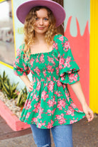 Sumptuous In Smocked Green & Coral Flower Print Babydoll Top - Charming Charlie