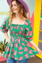Sumptuous In Smocked Green & Coral Flower Print Babydoll Top - Charming Charlie