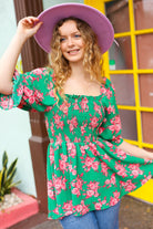 Sumptuous In Smocked Green & Coral Flower Print Babydoll Top - Charming Charlie