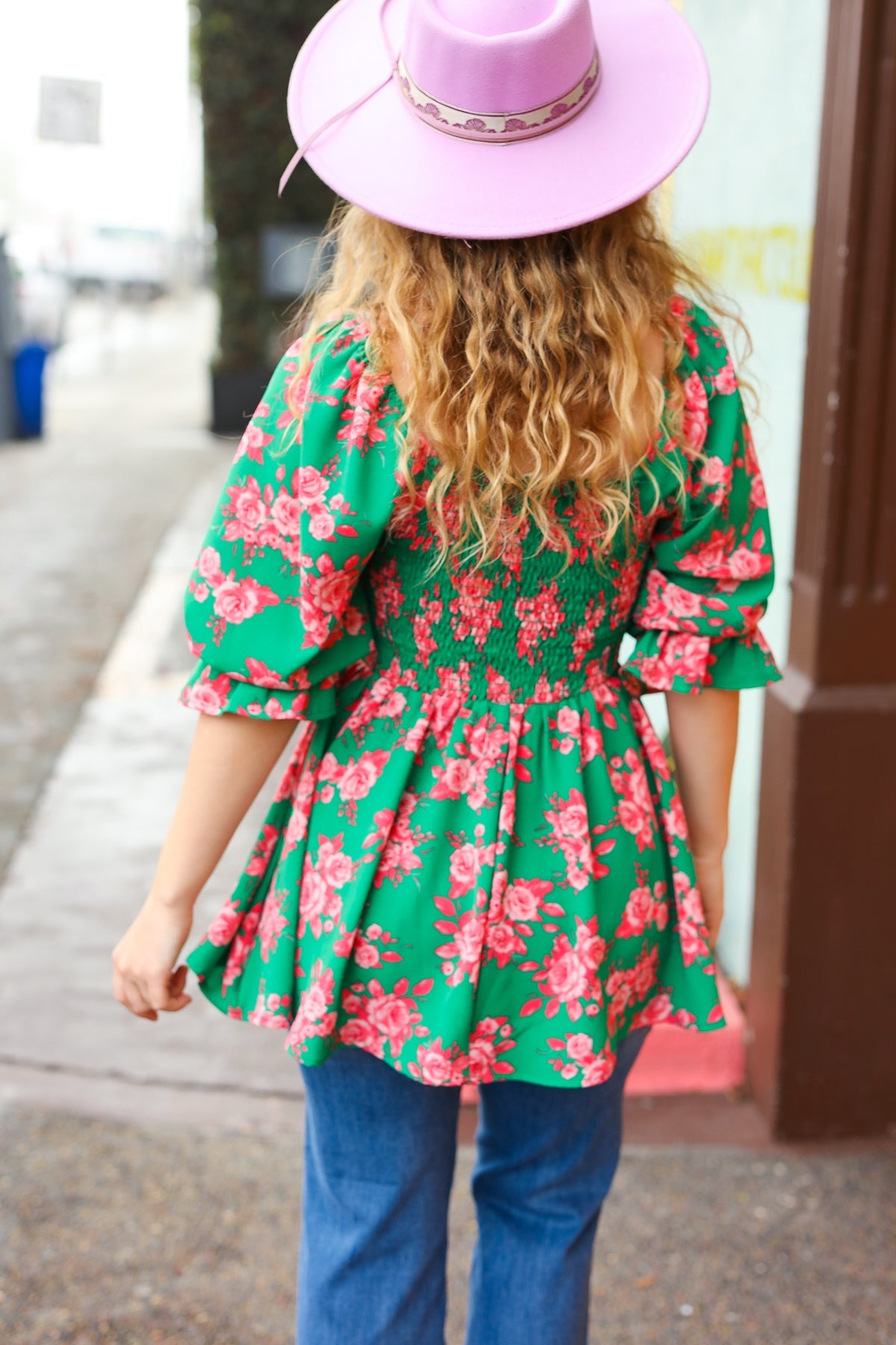 Sumptuous In Smocked Green & Coral Flower Print Babydoll Top - Charming Charlie
