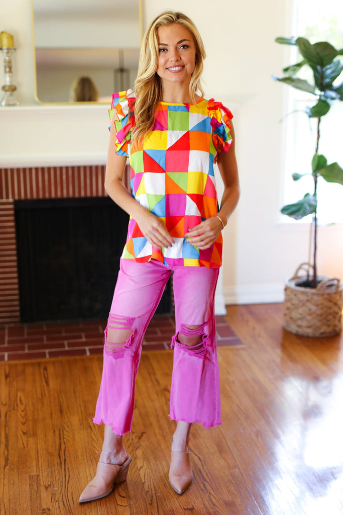 Women's Red Geometric Print Extended Sleeves Crepe Top