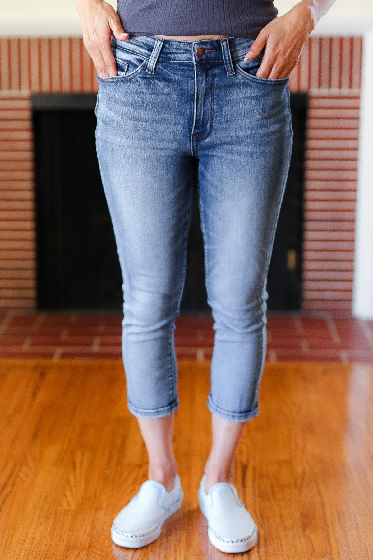 Judy Blue Medium Wash Mid Rise Skinny Capri - Charming Charlie