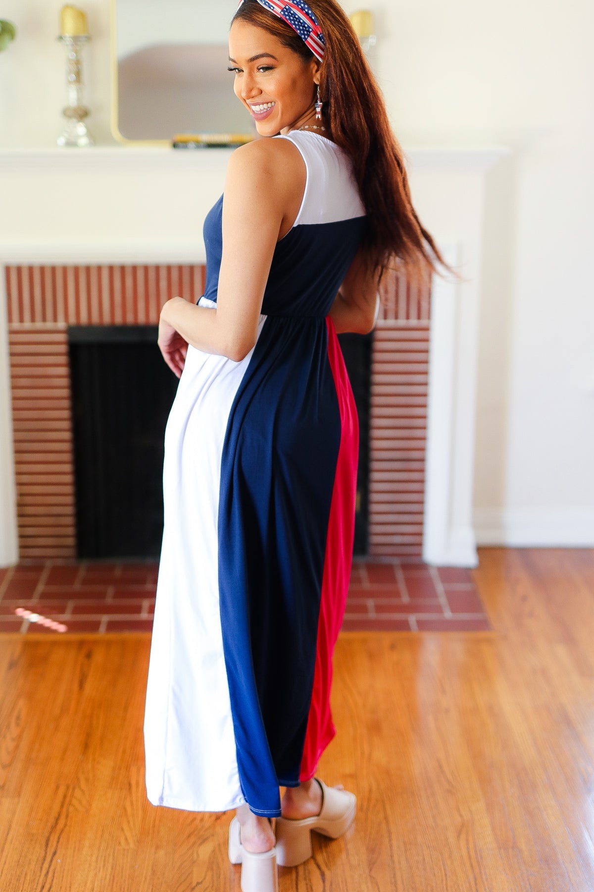 Haptics Patriotic Color Block Fit Flare Maxi Dress Large