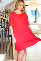 Feeling Bold Red Woven Panel Tiered Fluter Sleeve Dress - Charming Charlie