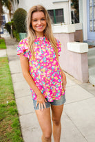 Feeling Femme in Pink Floral Print Frill Mock Neck Blouse - Charming Charlie