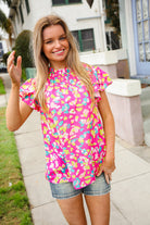 Feeling Femme in Pink Floral Print Frill Mock Neck Blouse - Charming Charlie