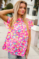 Feeling Femme in Pink Floral Print Frill Mock Neck Blouse - Charming Charlie