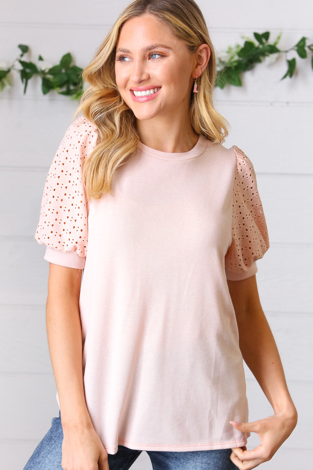 Eyelet Square Neck Puff Sleeve Blouse