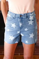Light Wash Star Print High Rise Denim Shorts - Charming Charlie