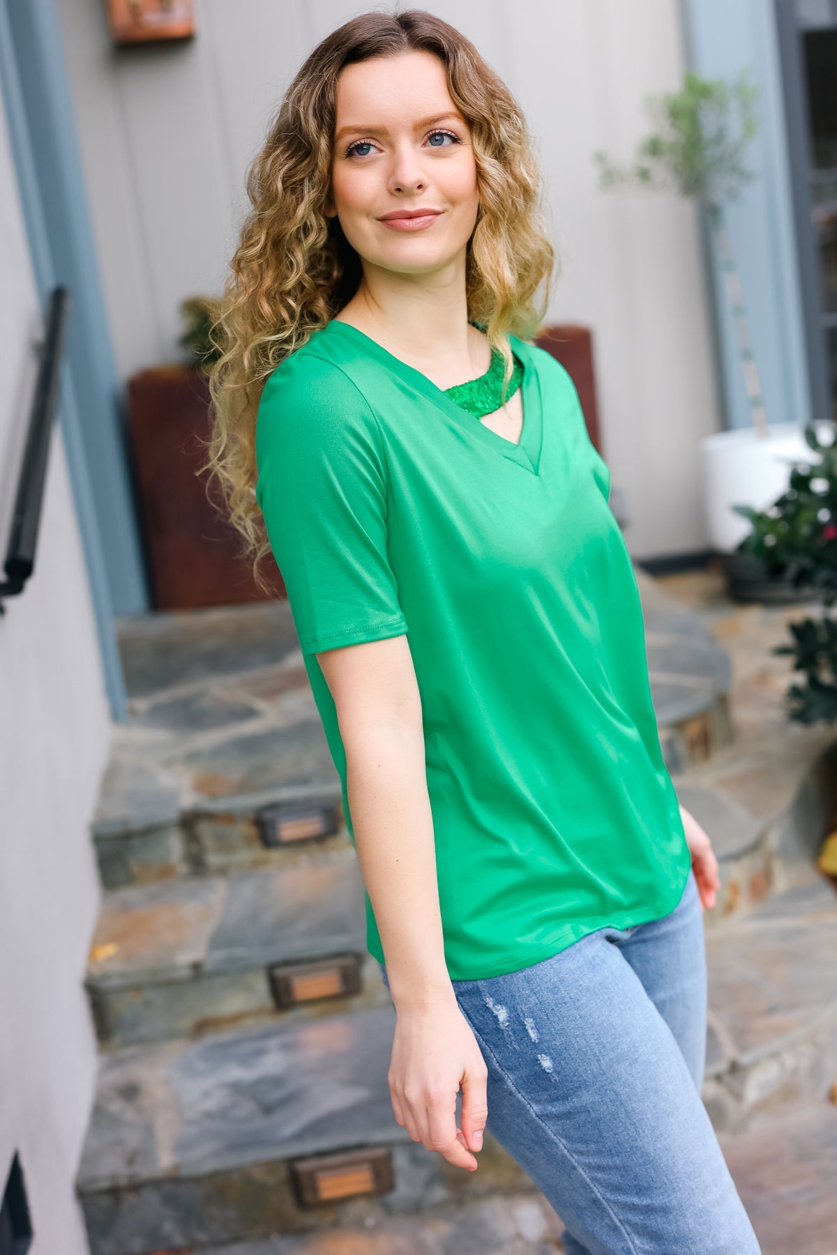Saint Patrick Asymmetrical Sequin Banded V Neck Top - Charming Charlie